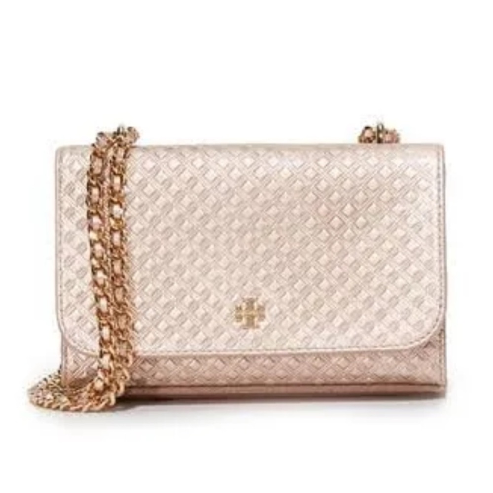 Tory Burch  Marion Embossed Metallic Leather Chain rose gold